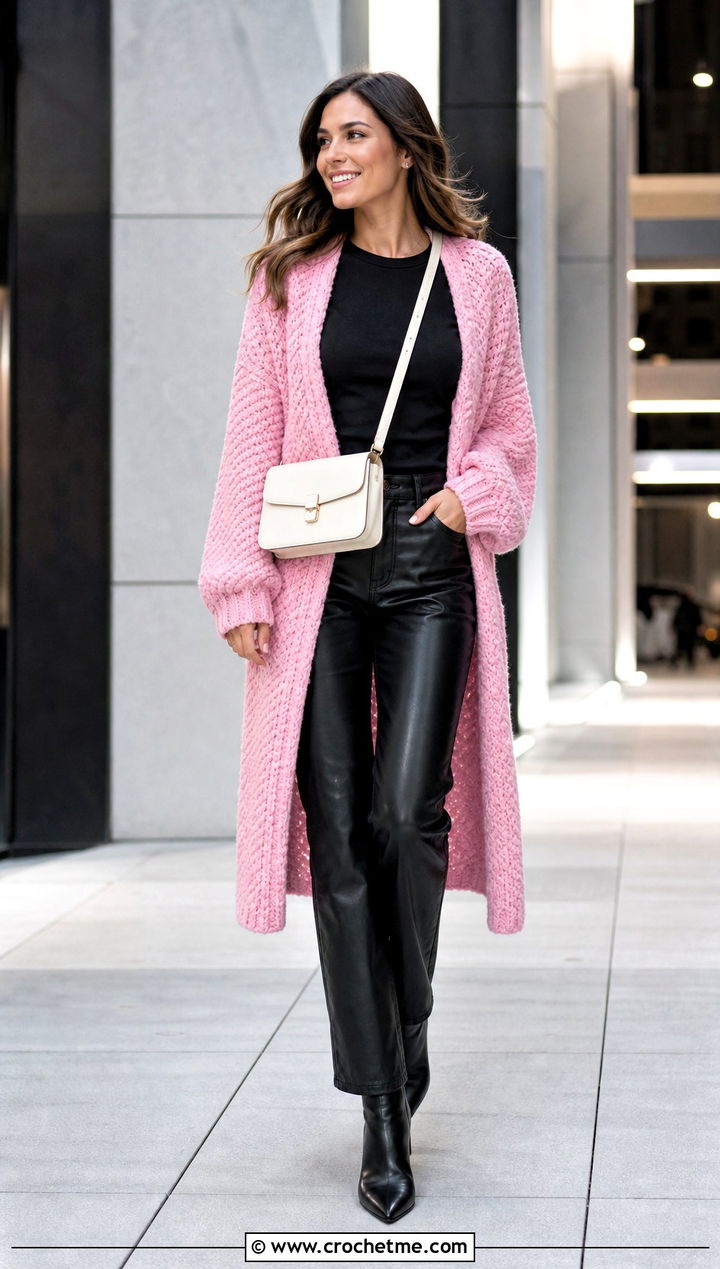 Longline Crochet Chenille Cardigan With Leather Pants - 30 crochet chenille cardigan outfit ideas