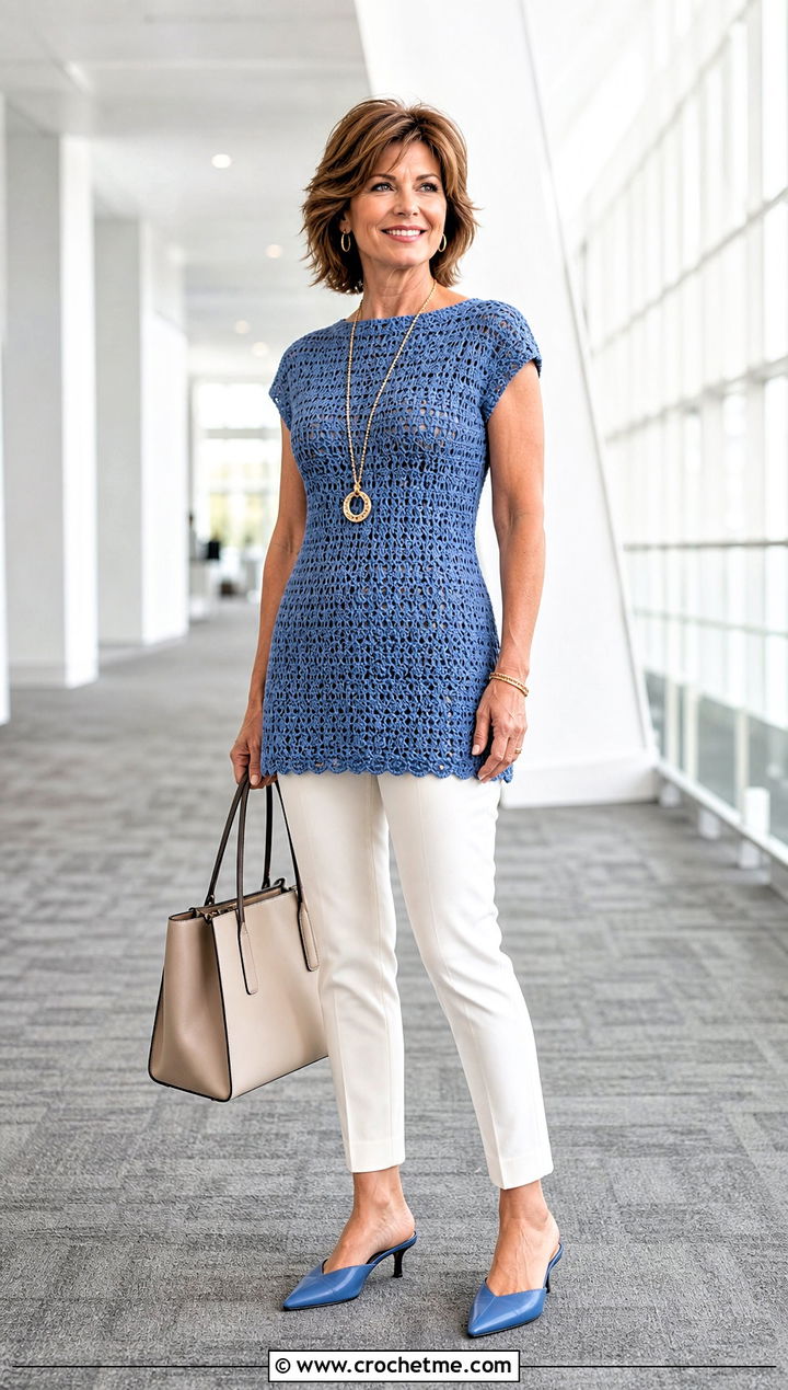 Longline Crochet Cleo Top With Slim Ankle Pants - 30 crochet cleo top outfit ideas