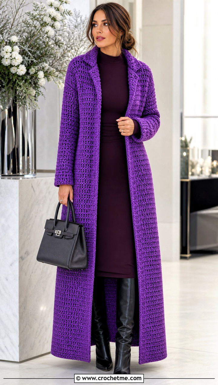 Longline Crochet Coat Jacket With Column Dress - 30 crochet winter jacket outfit ideas