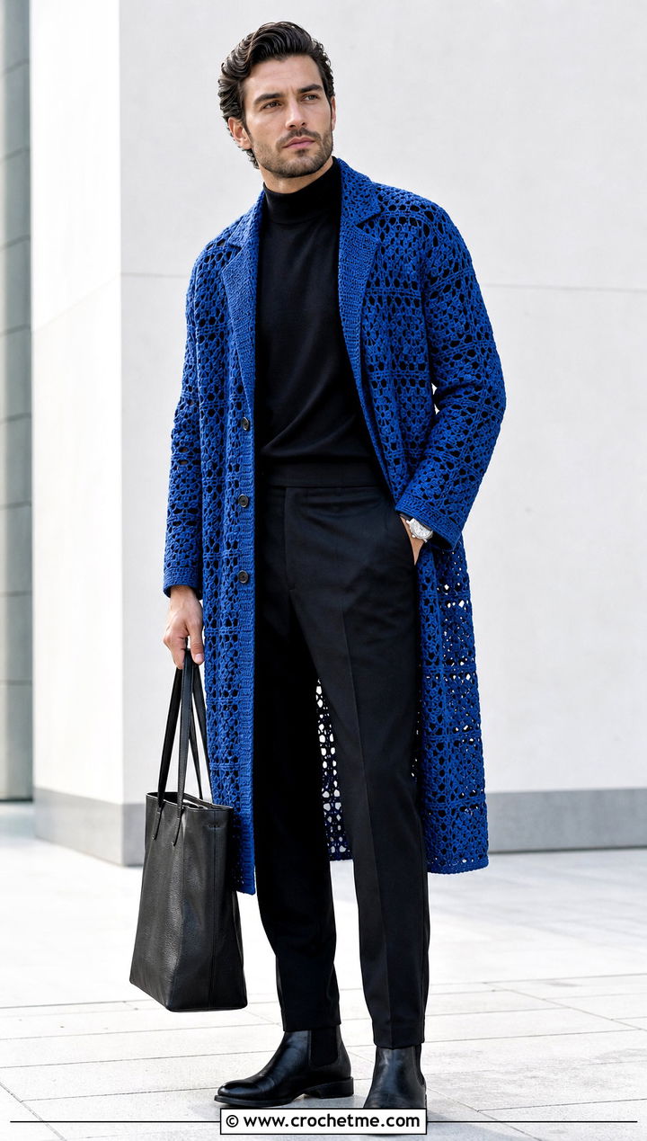 Longline Crochet Coat Jacket With Monochrome Basics - 15 Crochet Mens Jacket outfit ideas