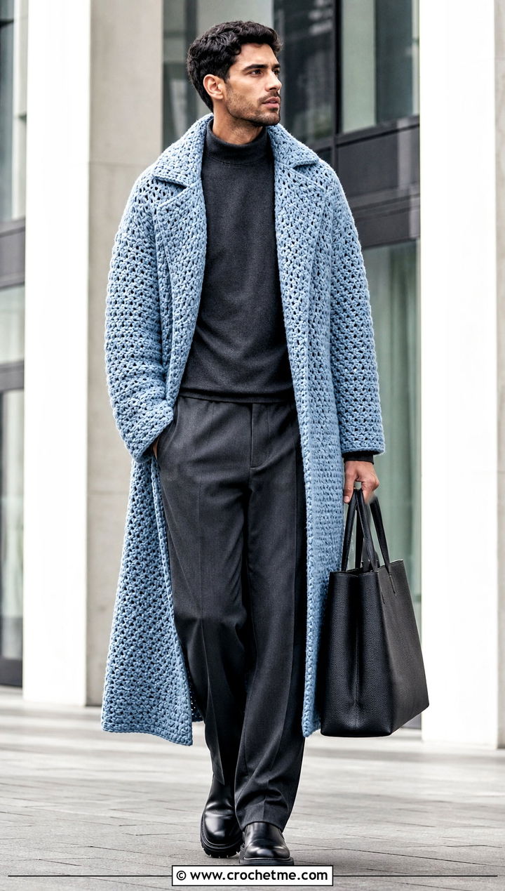 Longline Crochet Coat With Monochrome Layers - 25 Crochet Men Clothing and outfit ideas