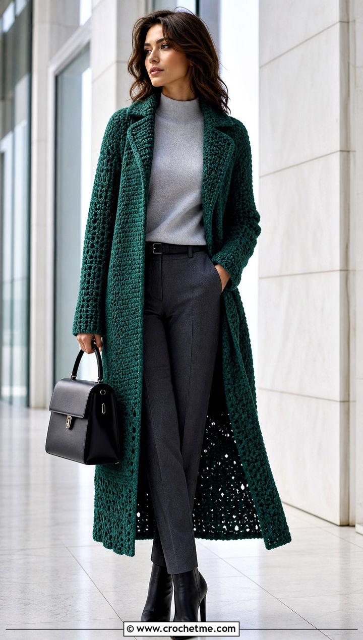 Longline Crochet Coat With Tailored Trousers - 25 Winter Crochet Clothes and outfit ideas