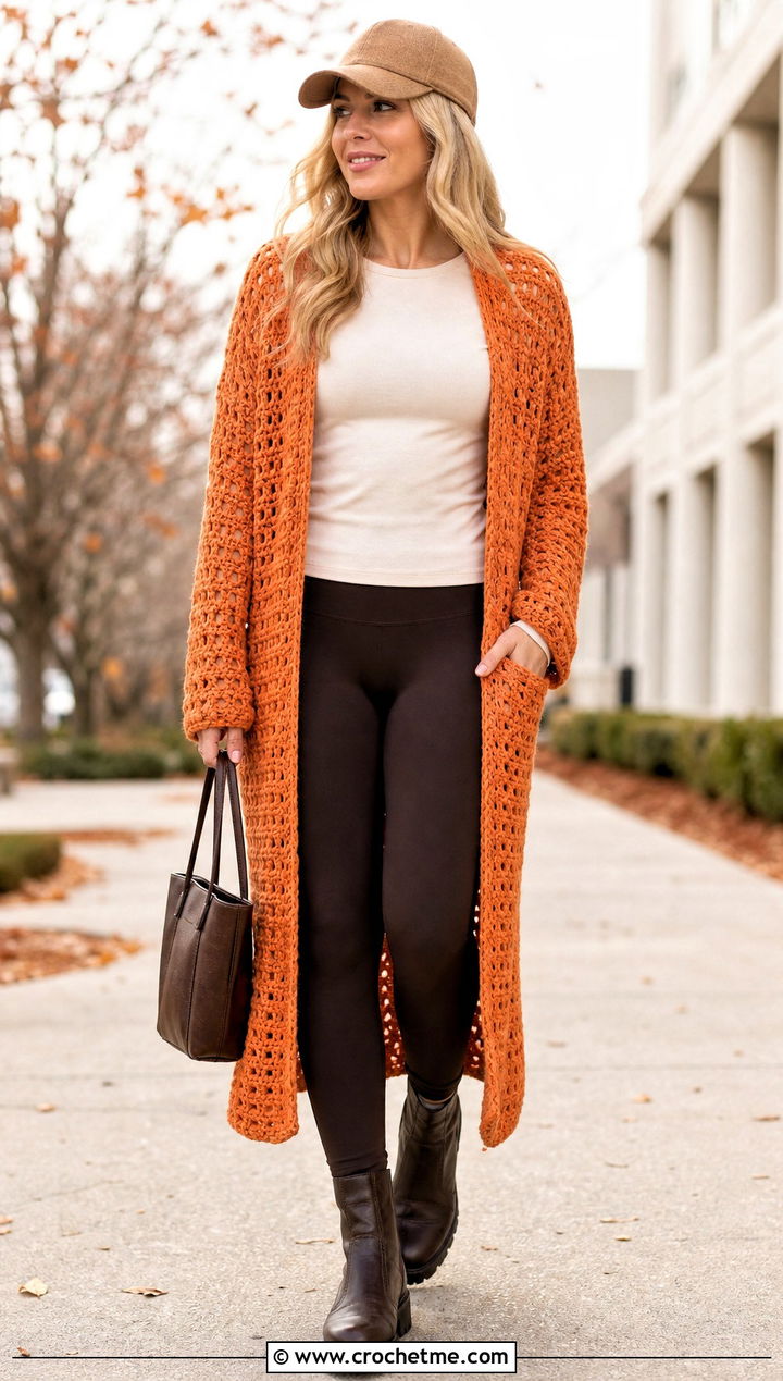 Longline Crochet Coatigan With Leggings - 25 thick crochet cardigan outfit ideas