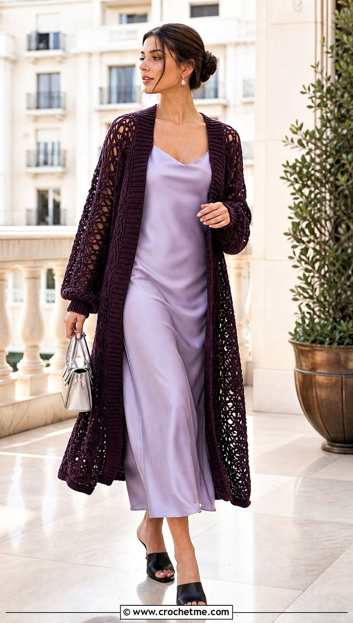 Longline Crochet Cocoon Cardigan With Slip Dress - 15 Easy Crochet Cocoon Cardigan outfit ideas
