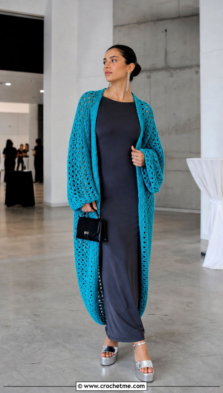 Longline Crochet Cocoon Shrug With Column Dress - 25 Easy Crochet Cocoon Shrug outfit ideas