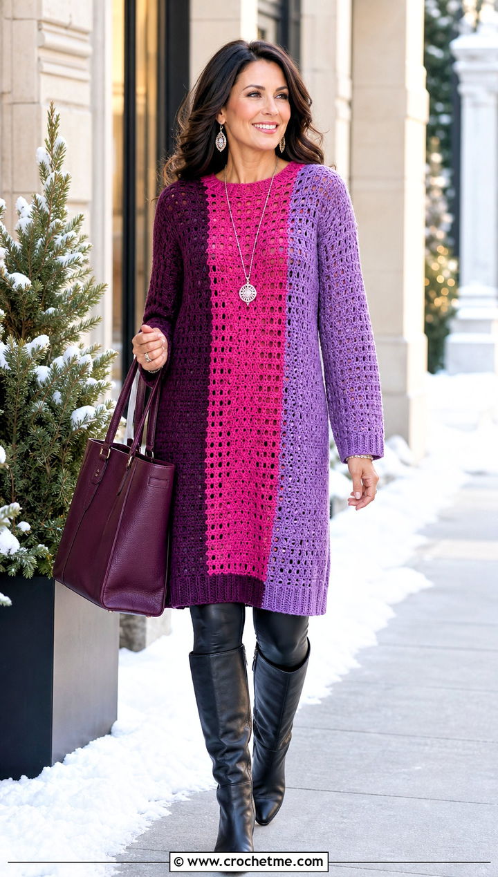 Longline Crochet Colorblock Sweater With Faux Leather Leggings - 30 crochet colorblock sweater outfit ideas