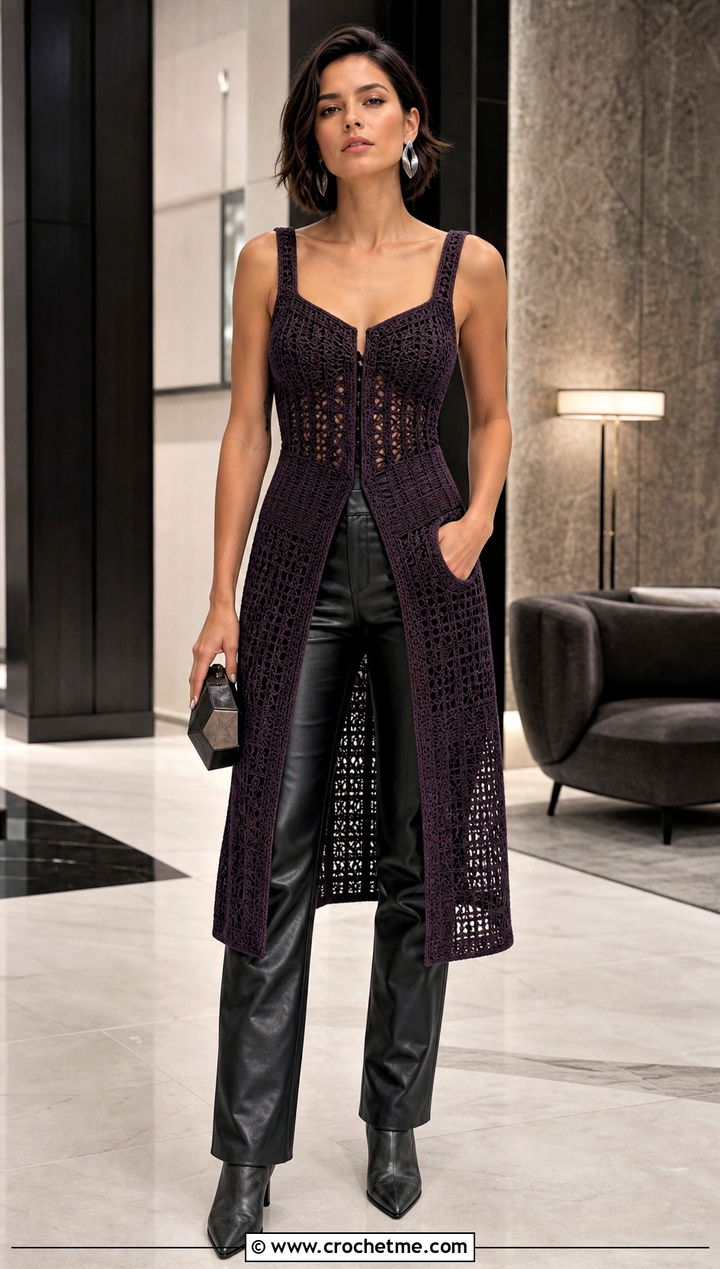 Longline Crochet Corset Vest With Leather Pants - 30 crochet corset vest outfit ideas