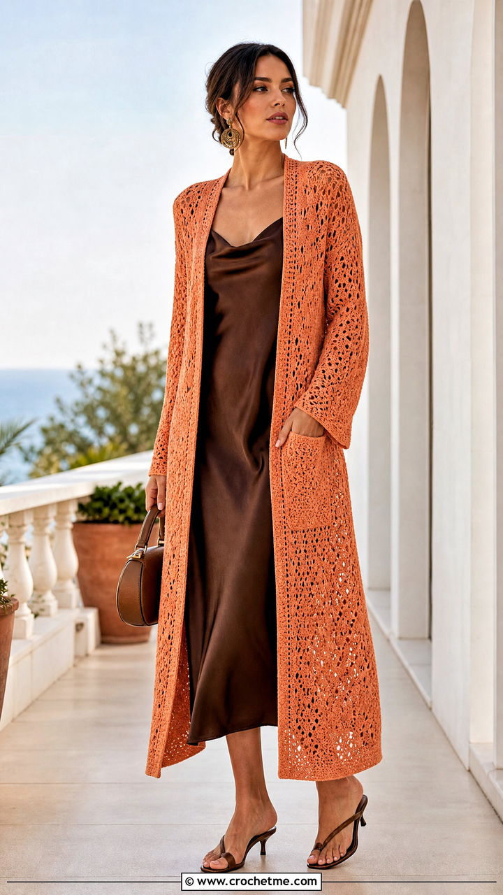 Longline Crochet Duster Cardigan With Inset Pockets And Slip Dress - 35 crochet cardigan with pockets outfit ideas