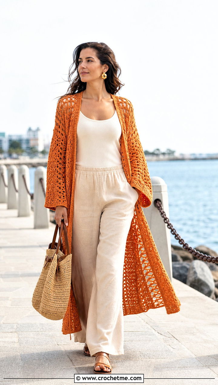 Longline Crochet Duster Cardigan With Linen Pants - 20 Crochet Fancy Cardigan outfit ideas