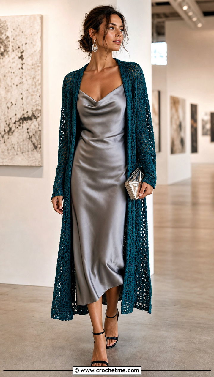 Longline Crochet Duster Cardigan With Satin Slip Dress - 15 trendy crochet cardigan outfit ideas