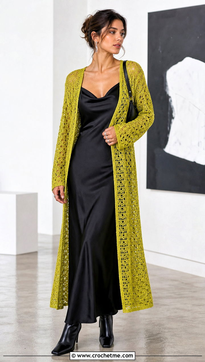 Longline Crochet Duster Cardigan With Satin Slip Dress - 25 witchy crochet cardigan outfit ideas