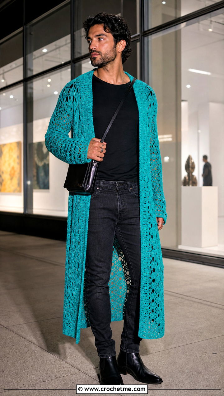 Longline Crochet Duster Cardigan With Slim Jeans - 30 mens crochet cardigan sweater outfit ideas