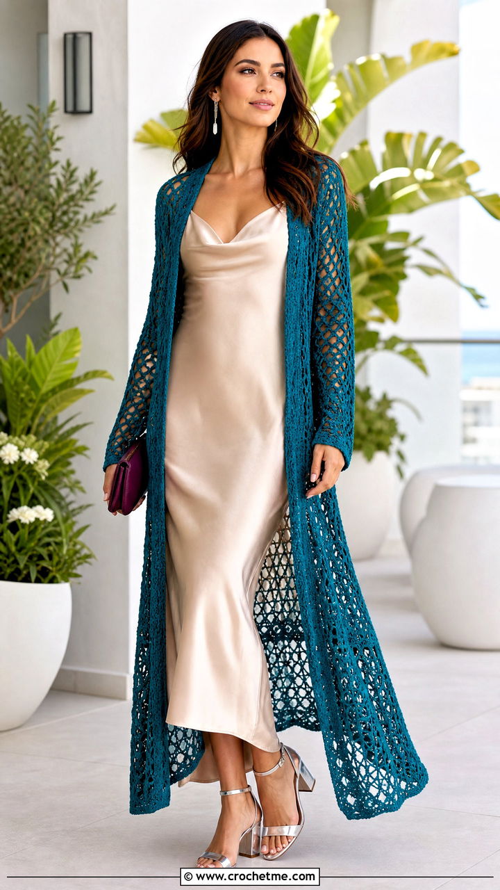 Longline Crochet Duster Cardigan With Slip Dress - 35 crochet cardigans outfit ideas