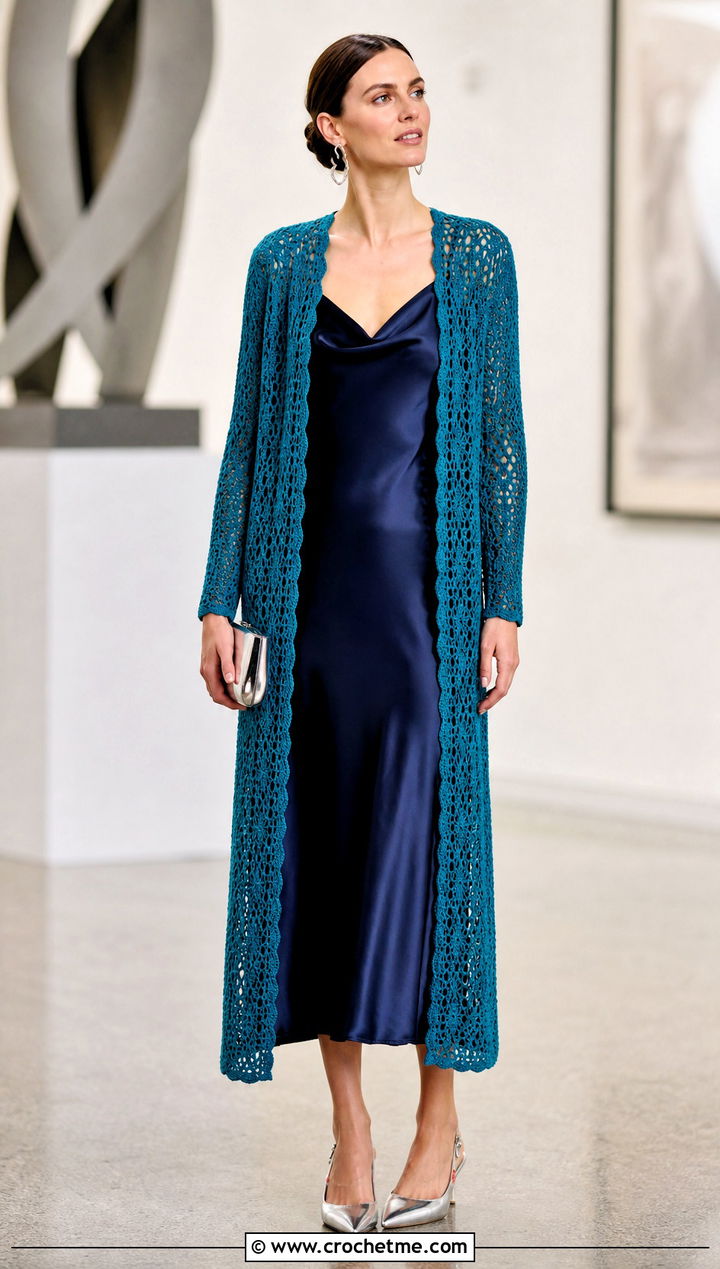 Longline Crochet Duster Cardigan With Slip Dress - 25 unique crochet cardigan outfit ideas