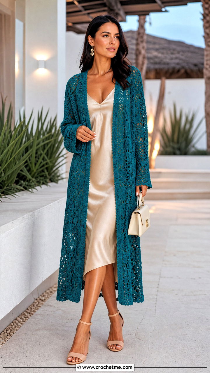 Longline Crochet Duster Cardigan With Slip Dress - 35 crochet cardigan ideas