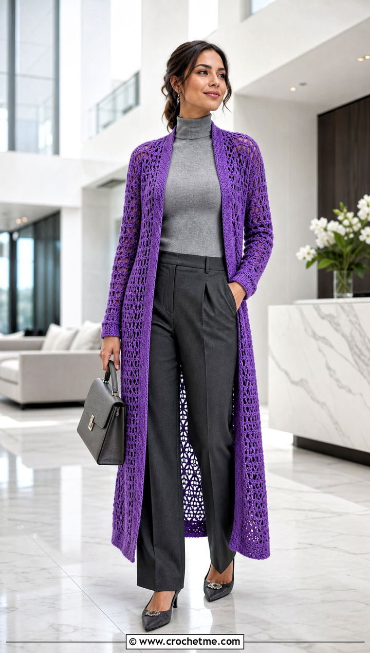 Longline Crochet Duster Cardigan With Tailored Trousers - 30 crochet cardigan design outfit ideas