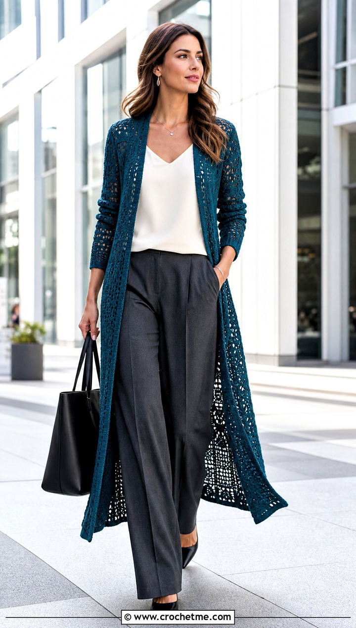 Longline Crochet Duster Cardigan With Tailored Trousers - 15 Crochet Womens Cardigans outfit ideas