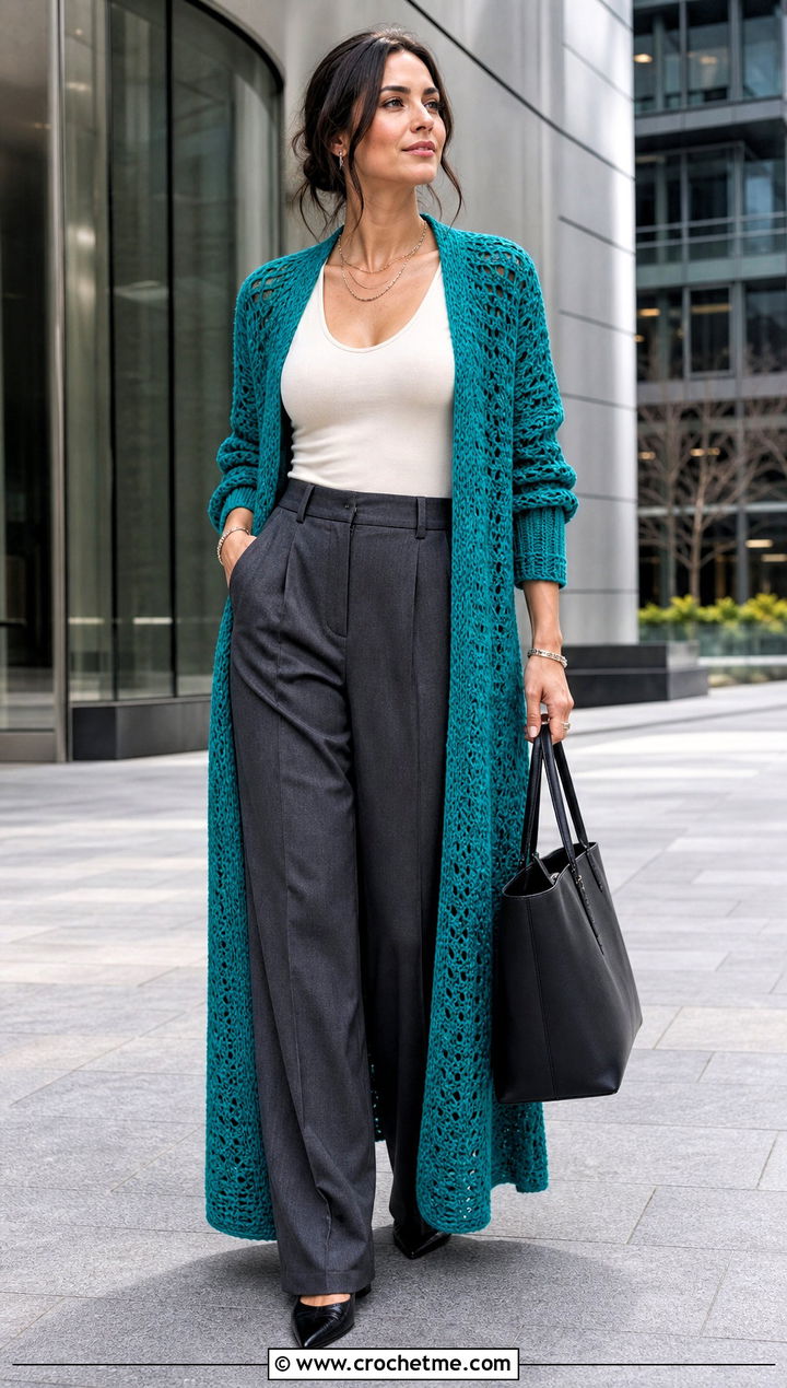 Longline Crochet Duster Cardigan With Tailored Trousers - 30 3 weight yarn crochet cardigan outfit ideas