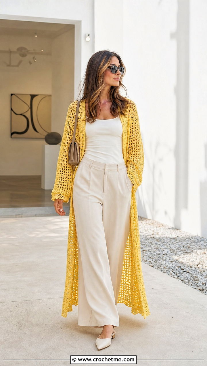 Longline Crochet Duster Coat With Wide Leg Trousers - 25 crochet coat ideas