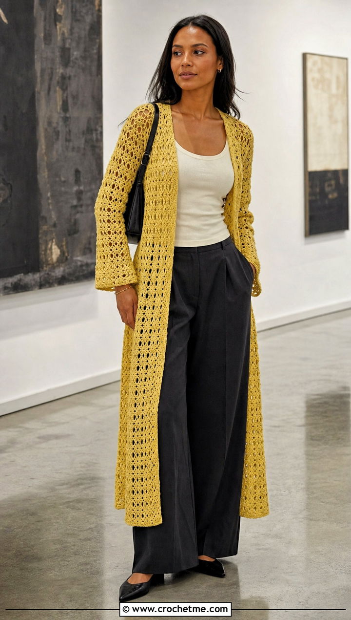 Longline Crochet Duster Coat With Wide Leg Trousers - 30 women crochet coat outfit ideas