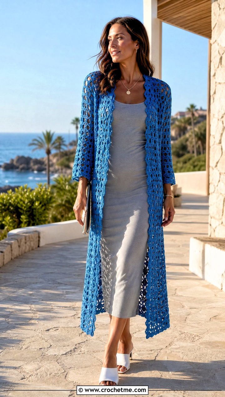 Longline Crochet Duster Jacket With Column Dress - 20 Crochet Ladies Jacket outfit ideas