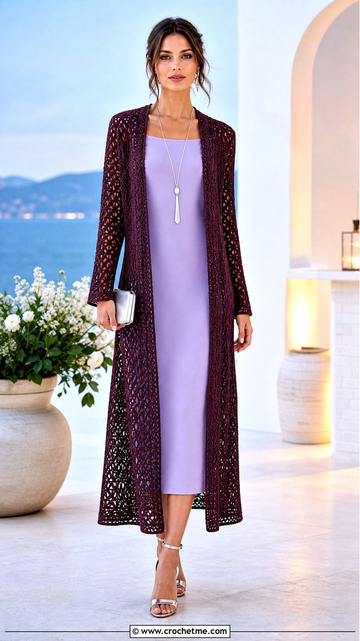 Longline Crochet Duster Jacket With Column Dress - 35 easy crochet jacket outfit ideas