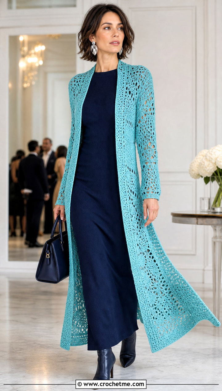 Longline Crochet Duster Jacket With Knit Dress - 20 crochet jacket for ladies outfit ideas
