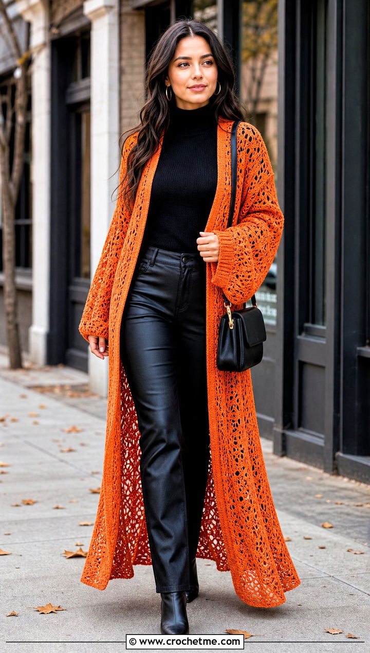 Longline Crochet Duster Kimono With Turtleneck And Leather Pants - 30 Boho Crochet Kimono outfit ideas