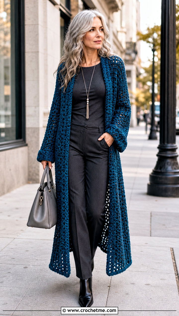 Longline Crochet Duster Sweater With A Monochrome Base - 20 Open Weave Crochet Sweater outfit ideas