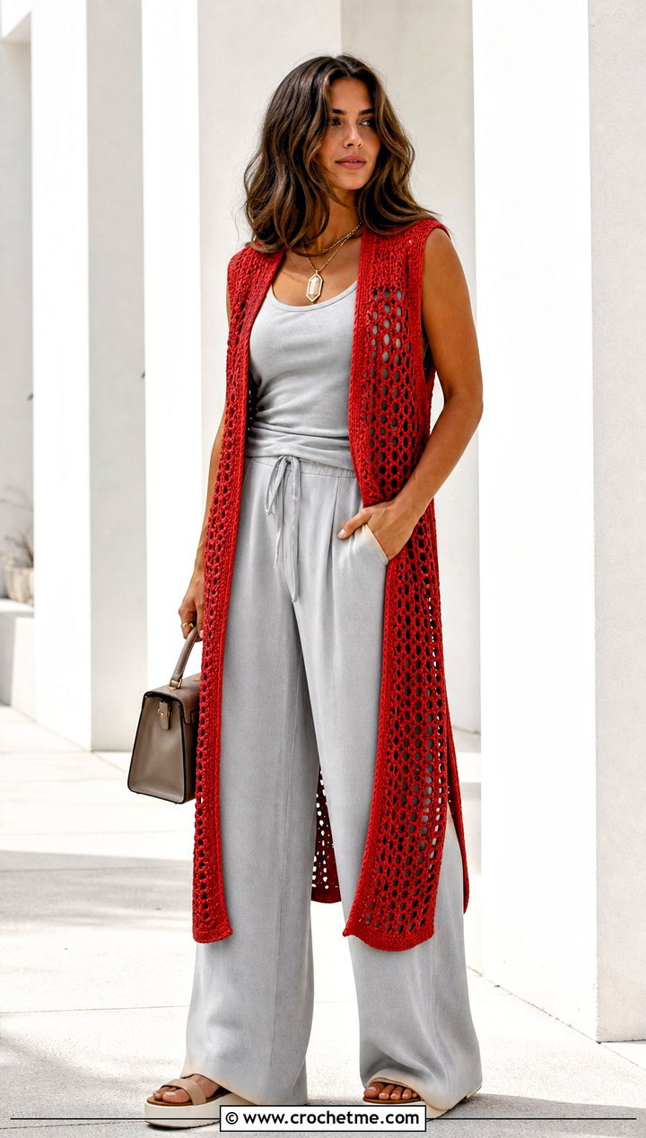 Longline Crochet Duster Vest With Monochrome Basics - 35 crochet vest for women outfit ideas