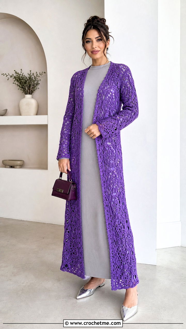 Longline Crochet Duster With Column Dress - 35 Modest Crochet Outfit Ideas
