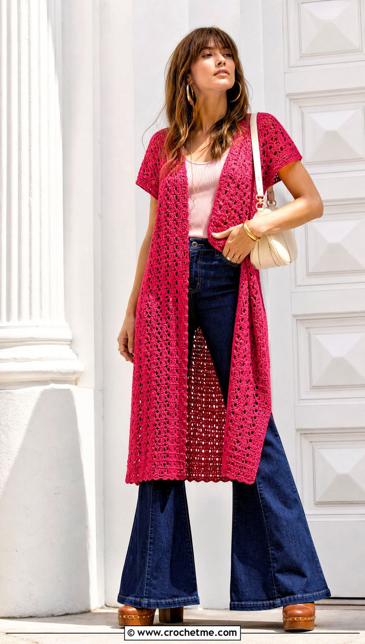 Longline Crochet Flowy Top With Flared Jeans - 15 crochet flowy top outfit ideas
