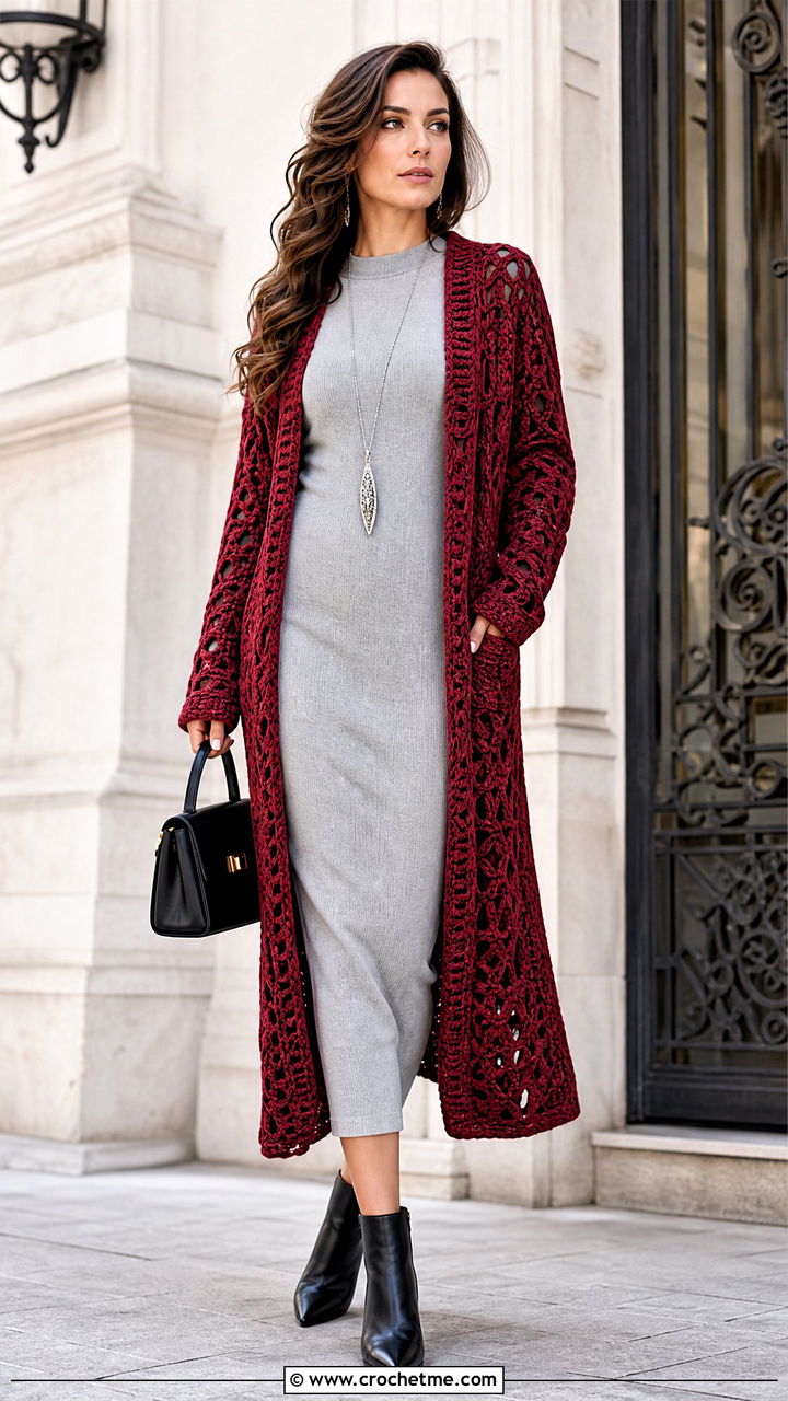 Longline Crochet Folklore Cardigan With Column Dress - 35 crochet folklore cardigan outfit ideas