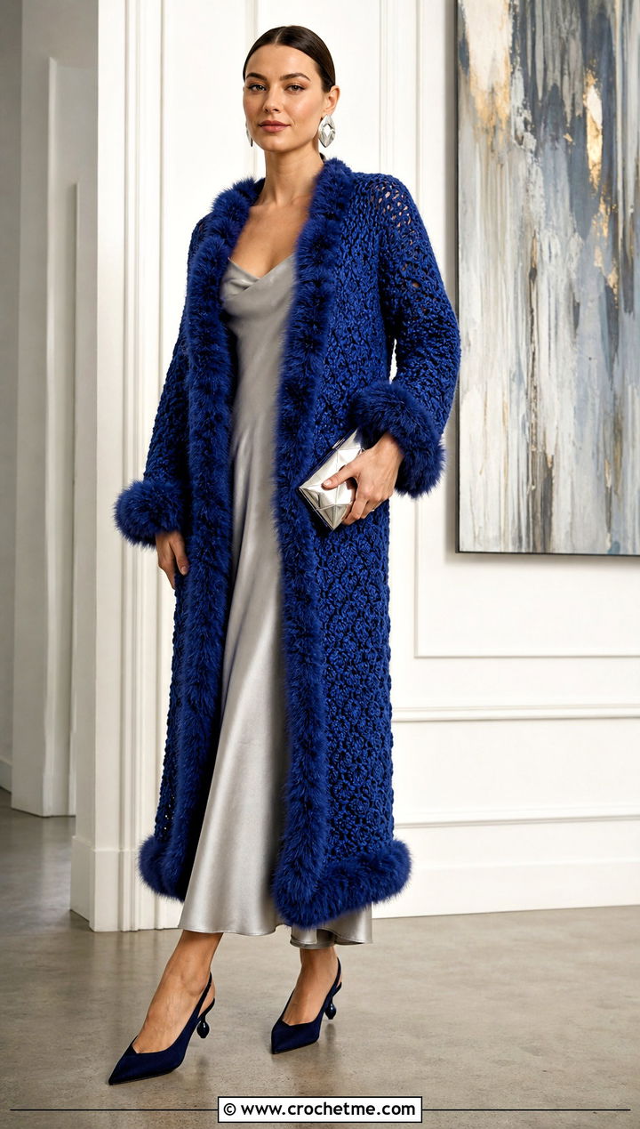 Longline Crochet Fur Jacket With Satin Slip Dress - 30 crochet fur jacket outfit ideas