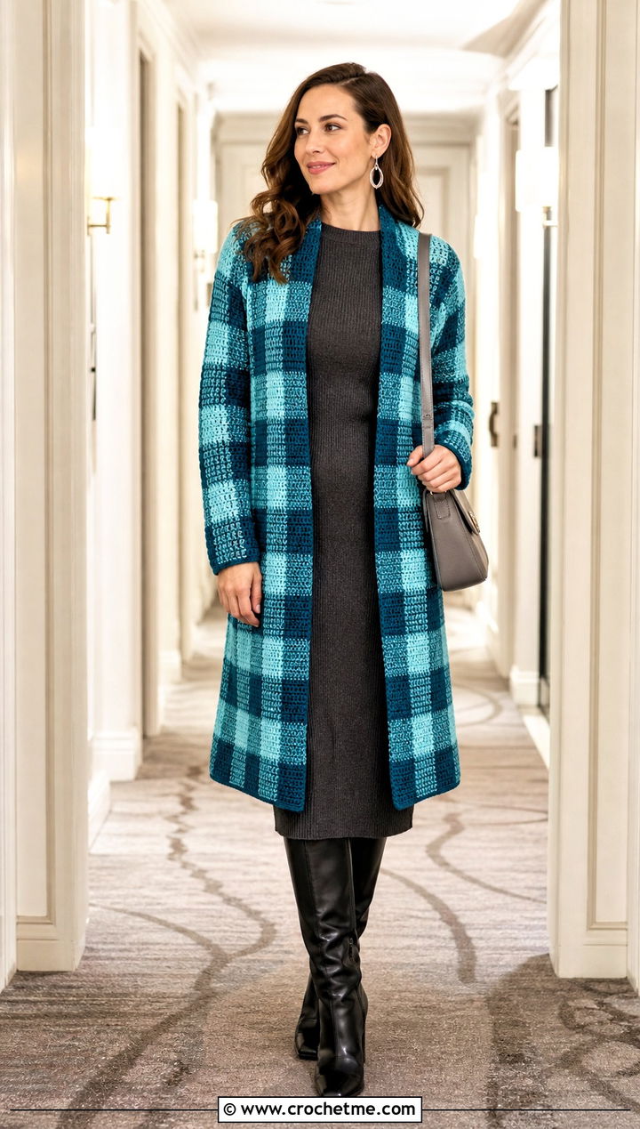 Longline Crochet Gingham Cardigan With Knit Dress - 25 Crochet Gingham Sweater outfit ideas