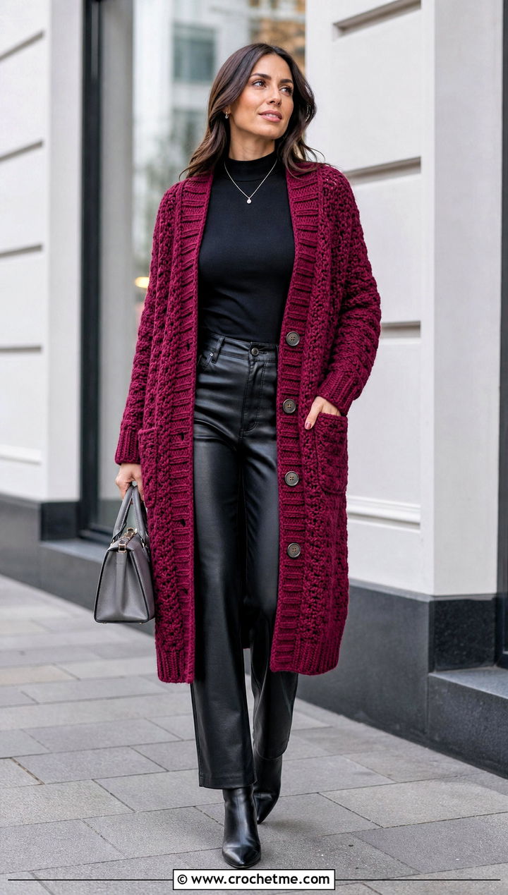 Longline Crochet Grandpa Cardigan With Leather Pants - 15 crochet sweater with button closure outfit ideas