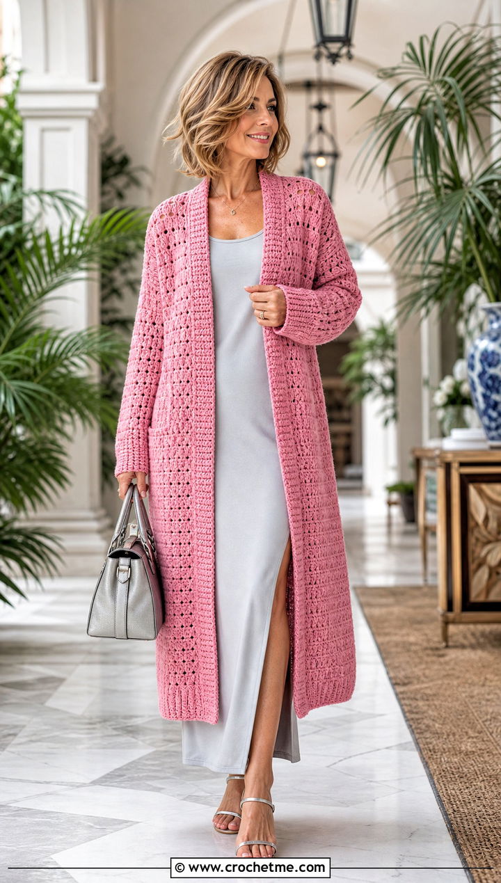 Longline Crochet Grandpa Sweater With Column Dress - 25 Crochet Grandpa Sweater outfit ideas