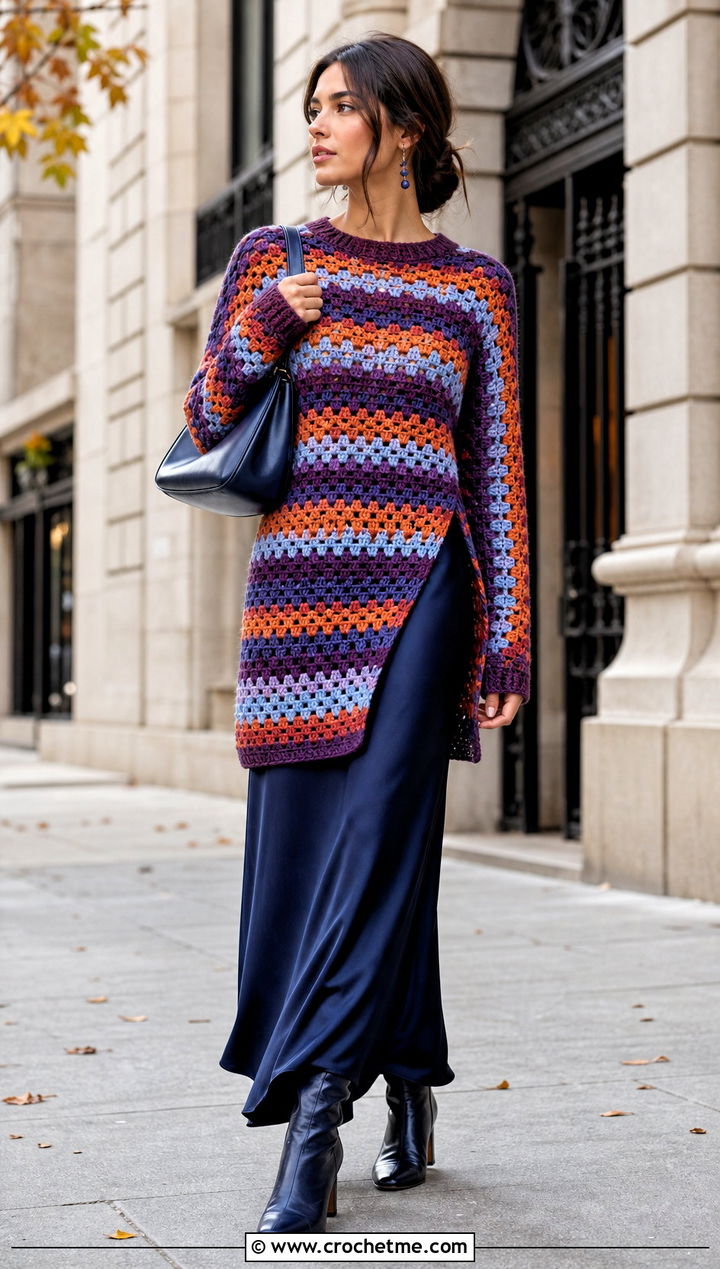 Longline Crochet Granny Stripe Sweater With Slip Skirt - 25 Crochet Granny Stripe Sweater outfit ideas