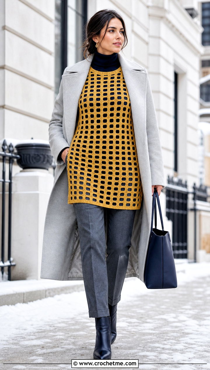 Longline Crochet Grid Sweater With Wool Trousers - 30 crochet grid sweater outfit ideas