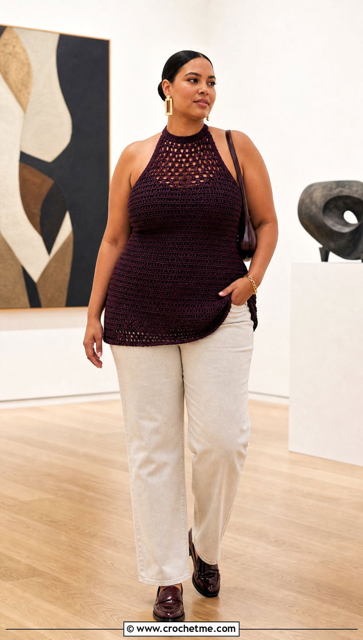 Longline Crochet Halter Top With Straight Leg Pants - 30 plus size crochet halter top outfit ideas