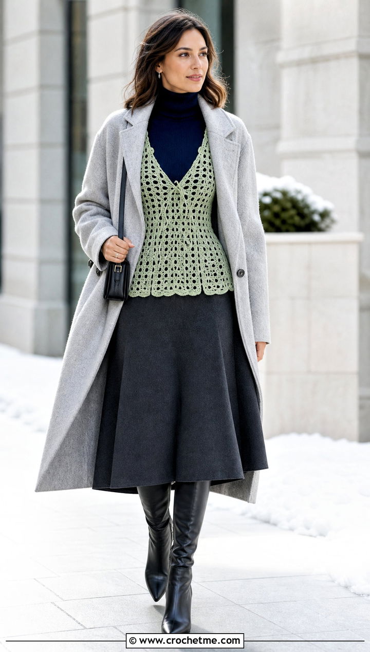 Longline Crochet Harness Top With Turtleneck And Midi Skirt - 15 Crochet Harness Top outfit ideas