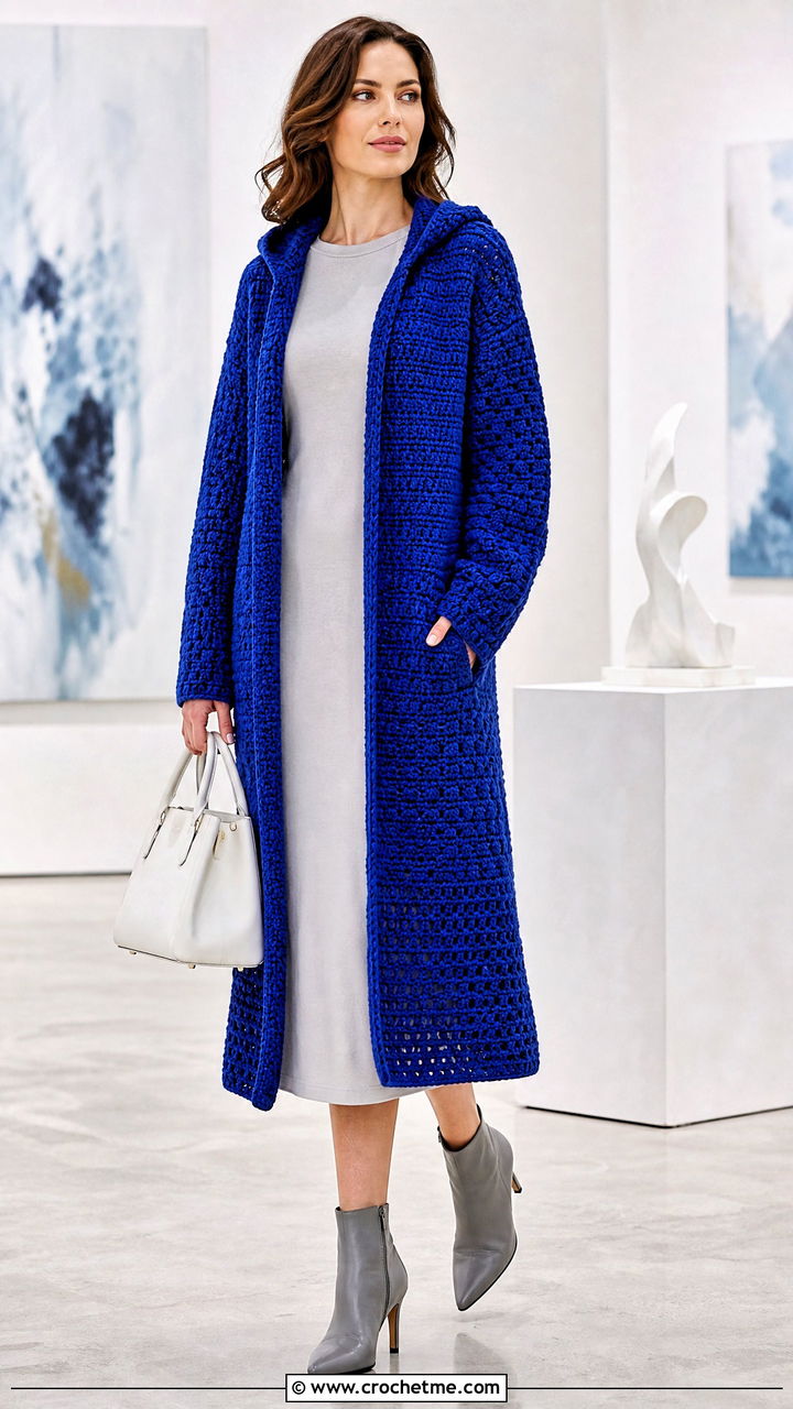Longline Crochet Hooded Cardigan With Column Dress - 35 crochet hooded cardigan outfit ideas