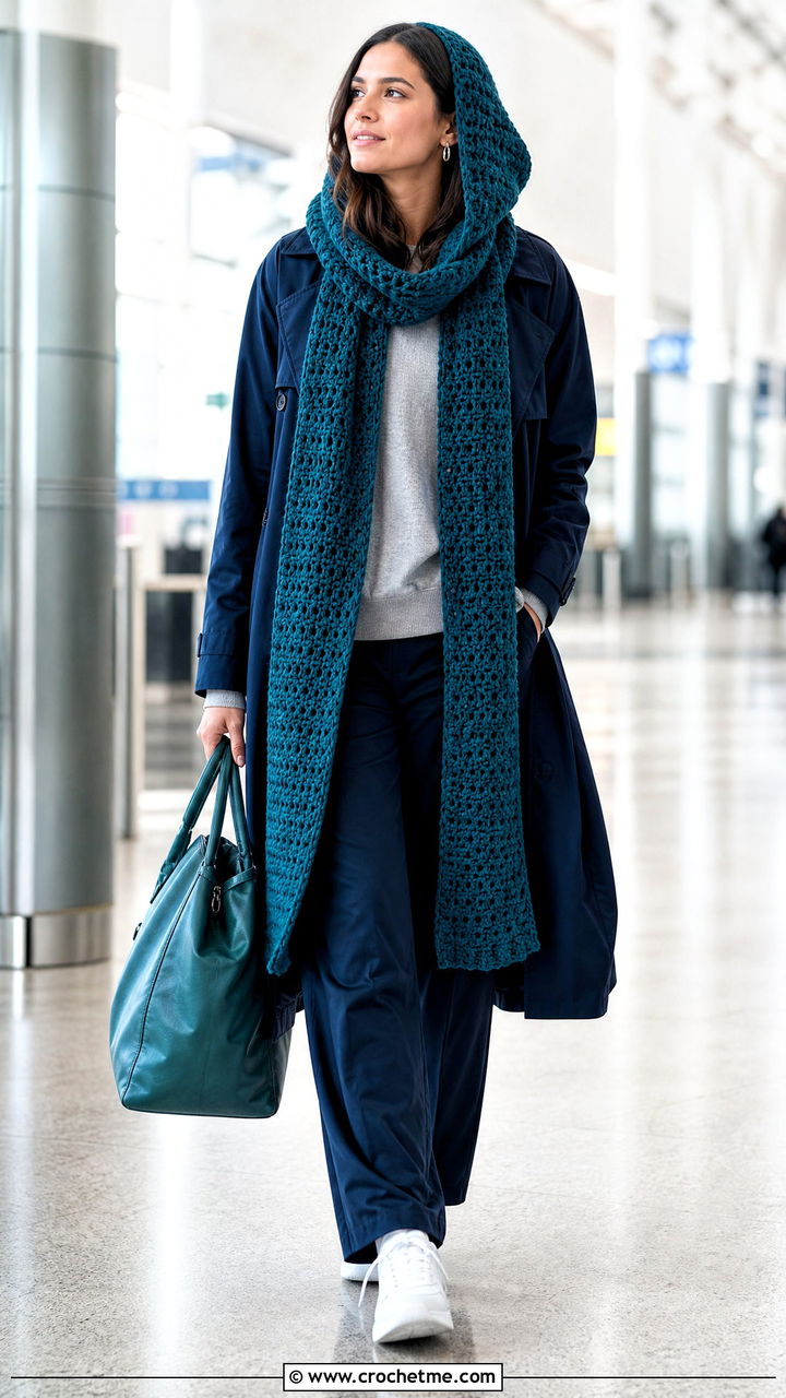 Longline Crochet Hooded Scarf Cowl With Travel Outfit - 35 crochet hooded cowl outfit ideas