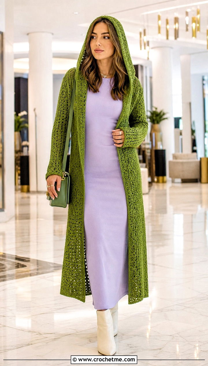 Longline Crochet Hooded Sweater With Column Dress - 30 crochet hooded sweater outfit ideas