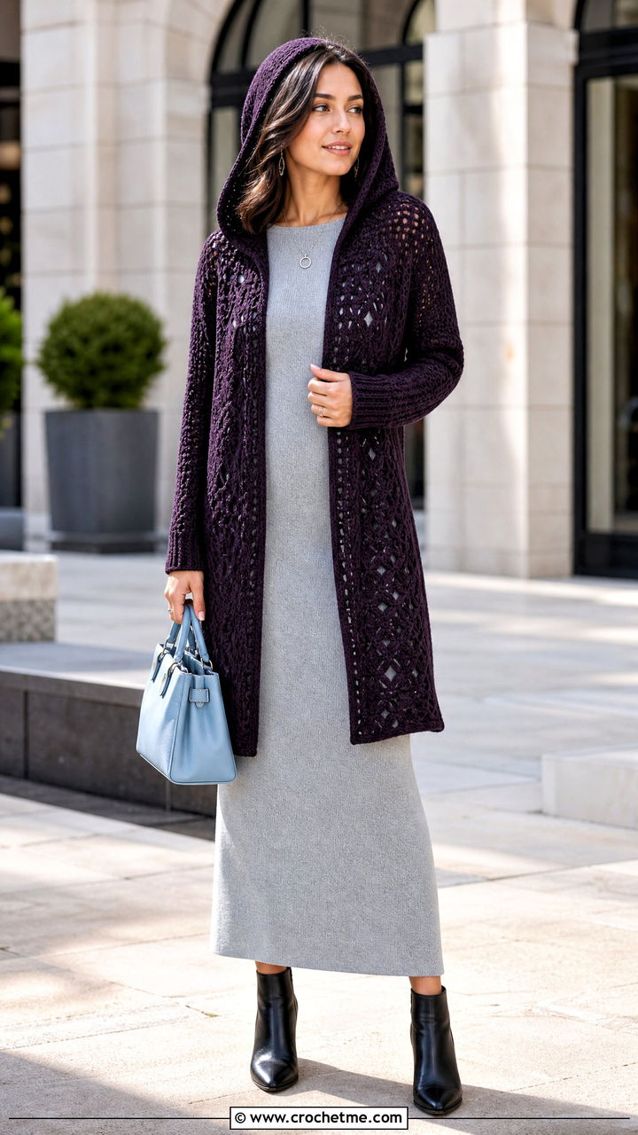 Longline Crochet Hoodie With Knit Dress - 35 crochet hoodie outfit ideas