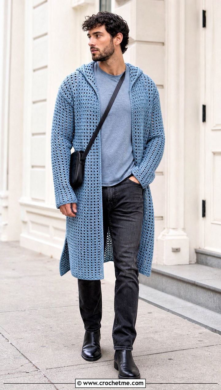 Longline Crochet Hoodie With Slim Jeans - 30 Crochet Hoodies For Men outfit ideas