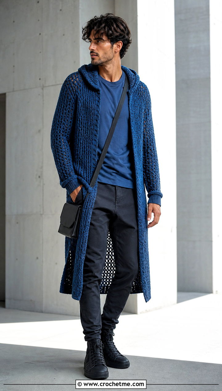 Longline Crochet Hoodie With Slim Pants - 35 crochet hoodie for men outfit ideas