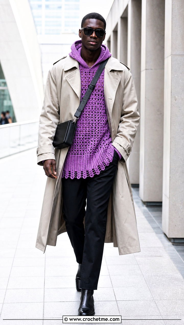 Longline Crochet Hoodie With Trench Coat And Slim Trousers - 25 Crochet Hoodie Men outfit ideas