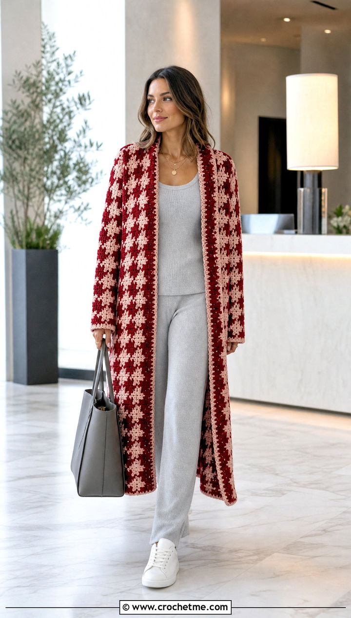 Longline Crochet Houndstooth Cardigan With Knit Tank Set - 35 crochet houndstooth sweater outfit ideas