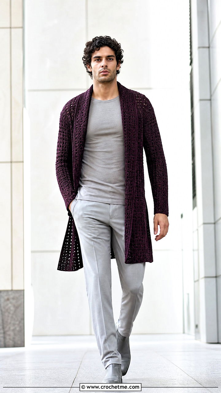 Longline Crochet Jacket With Monochrome Layers - 35 crochet jacket for men outfit ideas